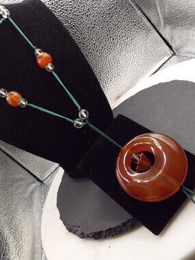 CARVED RED CARNELLIAN COIN W/ BANDED AGATE AND CRYSTAL BEADS 32" L. NECKLACE 41